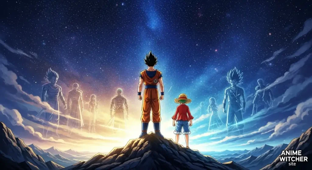 Dragon Ball vs One Piece: إرث الأنمي الأعظم بعد 30 عامًا 7 صورة ختامية تُجسّد إرث Dragon Ball vs One Piece بعد 30 عامًا من الإبداع، حيث يقف غوكو ولوفي جنبًا إلى جنب تحت سماء تُنيرها ذكريات الأبطال.