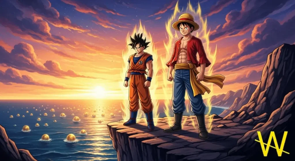 Dragon Ball vs One Piece: إرث الأنمي الأعظم بعد 30 عامًا 1 “صورة تجمع غوكو ولوفي تمثل إرث الأنمي الأسطوري بين Dragon Ball vs One Piece بعد 30 عامًا، مع شعار Anime Witchers مضاف في الزاوية.”