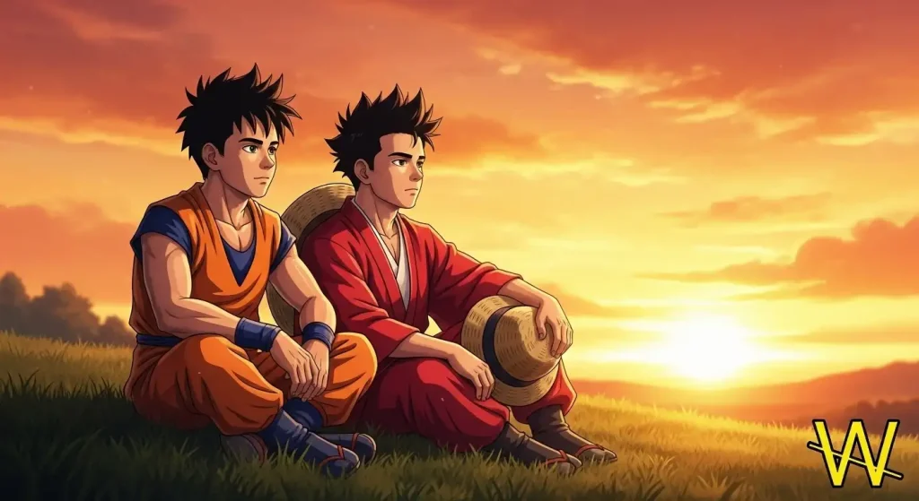 Dragon Ball vs One Piece: إرث الأنمي الأعظم بعد 30 عامًا 9 صورة ختامية دقيقة تُظهر غوكو بزيه البرتقالي من دراغون بول، إلى جانب لوفي بقبعته القشية من ون بيس، يجلسان تحت غروب الشمس كرمز لـ إرث Dragon Ball vs One Piece الذي لا يُنسى.